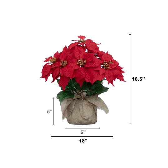 Nearly Natural 16.5" Artificial Poinsettia Arrangement in Burlap Planter